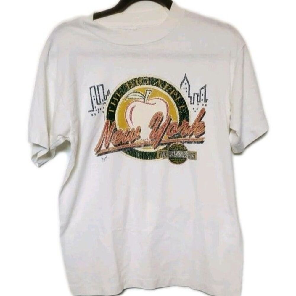 VINTAGE 90s New York White Tee Shirt Skyline Twin Towers Big Apple Travel Sm?